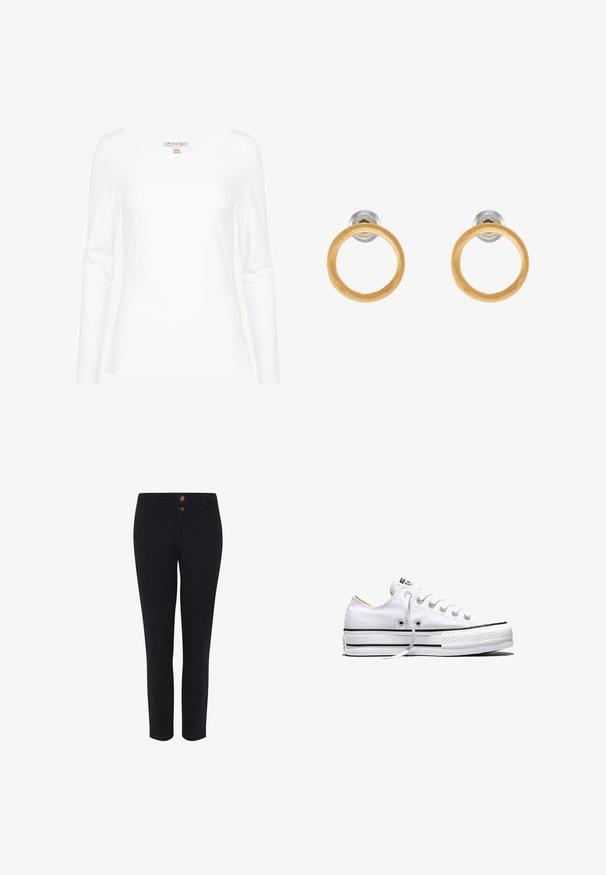 Anna Field by Zalando Langarmshirt - white; Schwarze, maßgeschneiderte Hose aus einem Baumwoll-Mischgewebe mit zwei vorderen Knöpfen, geradem Schnitt und glatter Textur. Keine sichtbaren Muster.; Weißer Canvas-Sneaker in niedriger Ausführung mit weißen Schnürsenkeln, schwarzen Streifen an der Sohle und gummiertem, strukturiertem Zehenschutz, Seitenansicht vor weißem Hintergrund.; Edelstahl-Ohrringe in Goldfarbe mit runden Holzakzenten, die eine glatte Textur und ein minimalistisches Design aufweisen. Die Silhouette betont die Einfachheit.