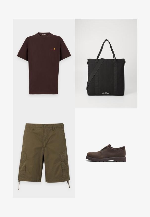 T-shirt en coton marron à manches courtes, col rond, logo sur la poitrine gauche en orange et rouge, ourlet droit et coupe décontractée.; Short cargo kaki avec poches latérales à rabat, fermeture à boutons à l'avant, passants pour ceinture et cordons réglables à l'ourlet.; Chaussures en cuir marron avec un bout arrondi et un design à lacets. Dotées d'une surface texturée et d'une semelle en caoutchouc à haute traction. Logo discret sur le côté.; Sac tote noir en tissu durable avec deux poignées supérieures et une bandoulière amovible. Présente une fermeture à glissière et des accents latéraux.