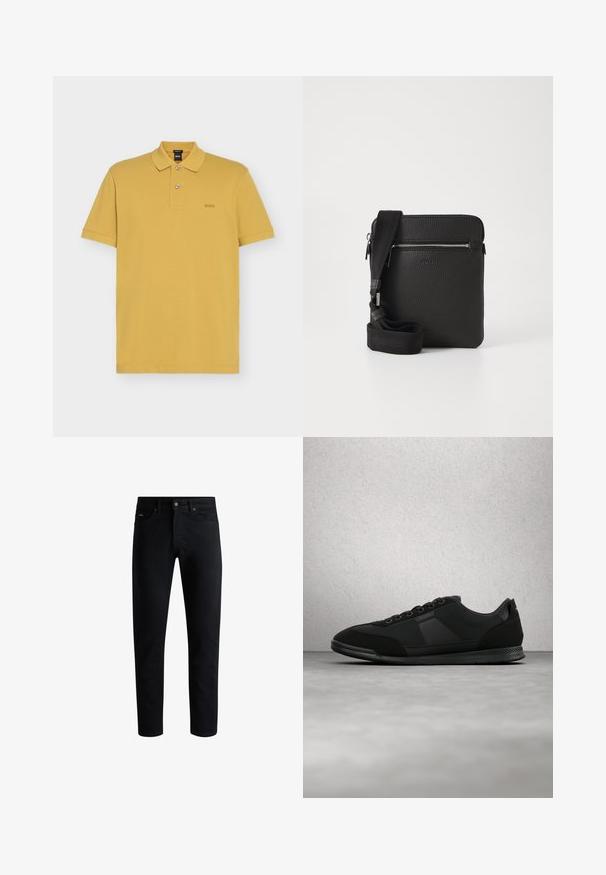 Gul kortærmet polo med to knapper og en lille "BOSS"-logo på venstre bryst.; Sorte slim-fit jeans med fem lommer, knaplukning og bæltestropper, præsenteret mod en hvid baggrund.; Sort lav sko med snørebånd, strukturerede paneler og gummisål, vist svævende over en poleret betongulv nær glasblokke.; Sort læder crossbody taske med en tekstureret overflade, lynlåslomme foran og en justerbar stofrem. Enkel firkantet design.