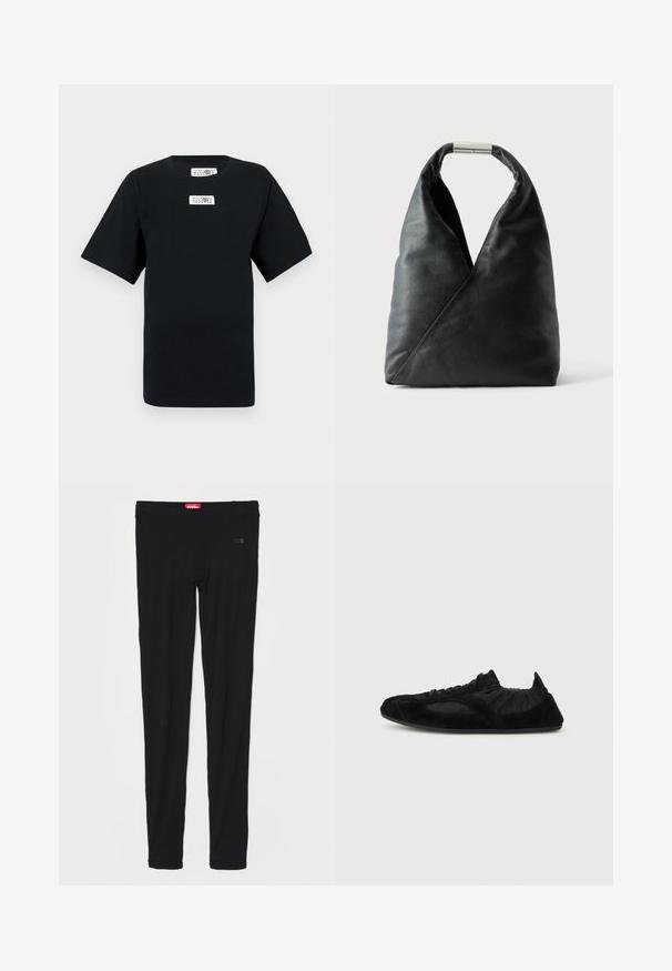 Schwarzes Baumwoll-T-Shirt mit kurzen Ärmeln, Rundhalsausschnitt, mit zwei weißen Etiketten auf der Brust. Einfaches Design, reguläre Passform, keine Muster oder Akzente.; Schwarze Leggings aus glattem Stoff, mit einem hohen Bund und dezentem Branding auf der Vorderseite. Die Leggings haben eine schmale, figurbetonte Passform.; Schwarzer leichter Sneaker mit Wildlederakzenten, elastischem Knöchelbereich und dünner Sohle, seitlich auf einem schlichten Hintergrund dargestellt.; Schwarze Lederhandtasche mit dreieckiger Form, weicher Textur und einem silbernen zylindrischen Verschluss am oberen Griff.