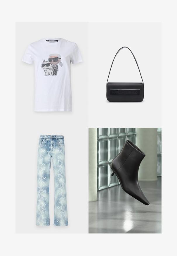 Weißes Baumwoll-T-Shirt mit einem grafischen Design, das eine Figur und eine Katze in Sonnenbrillen zeigt, akzentuiert mit schwarzen und grauen Details.; Hellblaue Jeans im Schlangenhautmuster mit lockerer Passform, klassischen Bund, Reißverschluss und ausgefransten Säumen.; Schwarzer Leder-Knöchelstiefel mit spitzer Spitze und kleinem Absatz vor einer Wand aus Glasbausteinen und einem polierten Boden.; Schwarze Ledertasche mit einem einzigen Schulterriemen, rechteckiger Form, ausgestattet mit einem strukturierten Feld mit dem prägten "KARL LAGERFELD" Logo auf der Vorderseite.