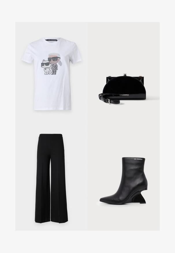 Camiseta blanca de algodón con un diseño gráfico que presenta a un personaje y un gato con gafas de sol, acentuado con detalles en negro y gris.; Pantalones de pierna ancha negros con una textura suave, que presentan una cinturilla alta y sin cierres visibles. Diseño simple y limpio.; Botín negro de cuero con tacón curvado y esculpido y logo de Karl Lagerfeld cerca del borde superior sobre un fondo blanco.; Bolso de mano negro brillante en forma de media luna con cierre de marco plateado y correa ajustable, con el logo de Karl Lagerfeld en la parte frontal.