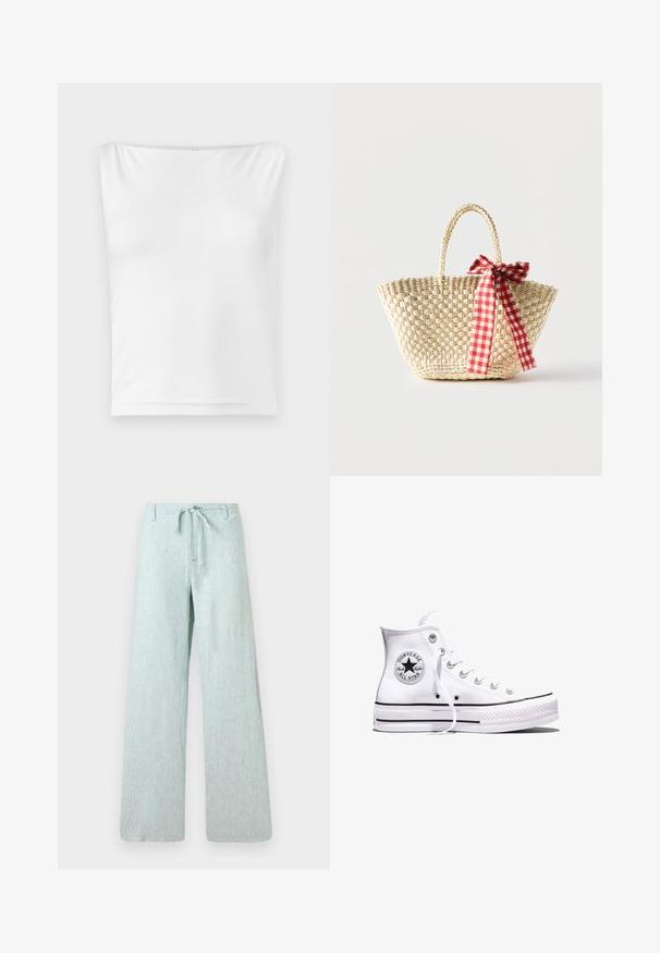 Top blanco sin mangas con escote recto, hecho de una tela suave, que presenta una silueta ajustada y sin hardware ni patrones visibles.; Pantalones anchos de color verde claro, hechos de una tela texturizada. Cuentan con una cintura con cordón y un cierre de botón, con rayas verticales en toda su superficie.; Zapatilla Converse Chuck Taylor All Star blanca de caña alta con rayas negras y parche de logo en el lateral, mostrada sobre un fondo blanco liso.; Bolso tote de paja tejido con asas trenzadas y un lazo de cinta a cuadros rojos y blancos atado a un lado.