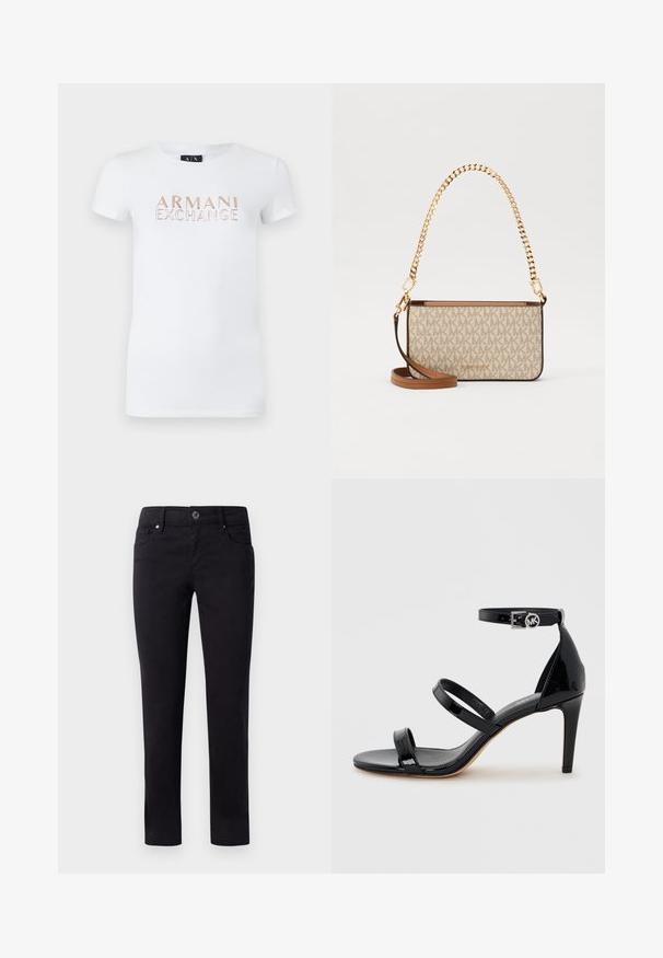 Hvid kortærmet T-shirt lavet af bomuld, med et skinnende rosegold "ARMANI EXCHANGE" logo centreret foran. Klassisk pasform.; Sorte bomuldsbukser med lige ben-design, der har forlommer og en knaplukning i taljen. Glat tekstur uden mønstre.; Sort laklædersandal med høje hæle med tre tynde stropper og en ankelrem med rund spænde.; Michael Kors håndtaske med et beige monogram canvas, gylden kæde-strop, brune læderdetaljer og logo-detalje på fronten.
