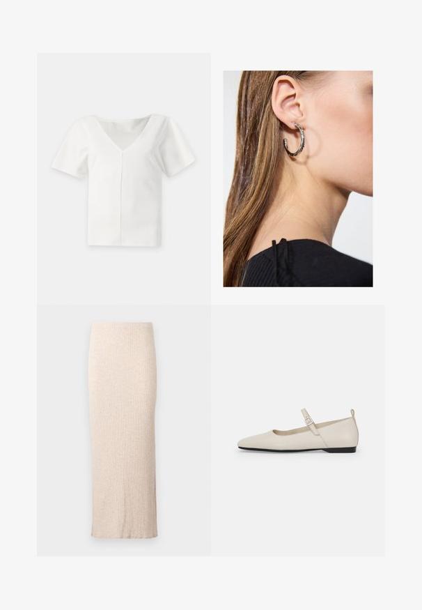 Hvid bluse med korte ærmer, dyb V-hals og en central lodret søm foran, vist på en ensfarvet baggrund.; Beige ribstrikket pencilskørt, højtaljet, ankellangt, designet til en slank silhuet.; Hvide ballerinasko i læder med spids tå, ankelsnor og lav sort hæl. Glat tekstur med minimale detaljer.; Sølv hoop ørestik med en poleret overflade, prydet med små guld accenter og en rund form, båret på øreflippen.