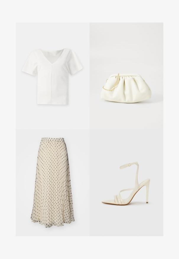 White short-sleeve blouse with a deep V-neck and a central vertical seam on the front, displayed on a plain background.; Pleated maxi skirt in cream fabric, featuring evenly spaced dark polka dots. Elastic waistband for comfort and flowy hemline.; Beige high-heeled sandals with a pointed toe, featuring three front straps and a thin ankle strap with a buckle. Smooth texture, minimalist design.; White leather handbag with a gathered design, featuring a gold chain strap and a rounded shape. Smooth texture with soft folds and no patterns.