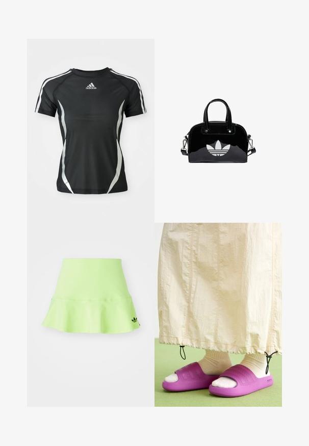 Sort Adidas atletisk T-shirt med korte ærmer, hvide striber på skuldrene og sølvfarvede buede detaljer på siderne.; adidas Originals SKIRT - Mini skirts - signal green; Lilla gummisandaler med et tekstureret bånddesign, båret over cremefarvede sokker, parret med en lys beige nederdel. Grønne gulv.; Sort patentlæder håndtaske med rund form, to top-håndtag, sølvdetaljer og en fremtrædende hvid logo på fronten.