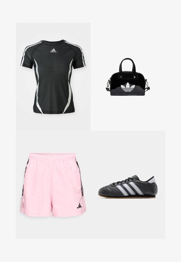 Sort Adidas atletisk T-shirt med korte ærmer, hvide striber på skuldrene og sølvfarvede buede detaljer på siderne.; adidas Sportswear TIRO - Korte sportsbukser - true pink/black; Sorte lædersportssko med hvide striber, rund tå, flad sål og snørelukning. Har perforeringer for åndbarhed.; Sort patentlæder håndtaske med rund form, to top-håndtag, sølvdetaljer og en fremtrædende hvid logo på fronten.