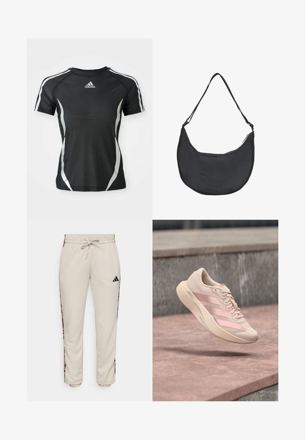 Camiseta atlética negra de Adidas de manga corta con rayas blancas en los hombros y acentos curvados plateados a los lados.; Pantalones de chándal color beige claro, confeccionados en un tejido suave, con una cintura ajustable con cordón y paneles laterales negros con un patrón de estampado de leopardo.; Zapatilla deportiva rosa claro con tres franjas rosa más oscuras y cordones, suspendida en el aire sobre una superficie de piedra y escalones al fondo.; Bolso de hombro negro en forma de media luna con correa ajustable y logo de Adidas en relieve sutil en la parte delantera.