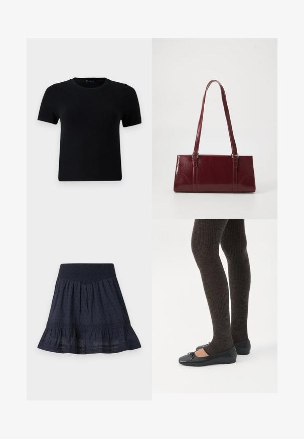 T-shirt noir à manches courtes avec un col rond, fabriqué en tissu doux. Présente une coupe classique et un design épuré et simple.; Jupe bleu marine longueur genou avec taille smockée élastique, motif discret à pois et ourlet volanté.; Jambes portant des leggings côtelés foncés associés à des ballerines noires avec de petits détails en nœud sur fond blanc.; Sac à main bordeaux en matériau brillant, de forme rectangulaire, avec deux anses et des accents légèrement courbés à l'avant.