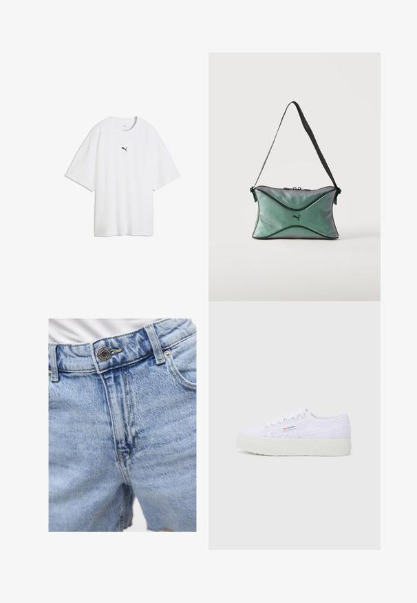 Camiseta blanca oversize de manga corta con un pequeño logo negro de Puma centrado en el pecho.; Pantalones cortos de denim azul claro con cintura alta, costuras visibles, dos bolsillos delanteros y cierre de botón de metal. Textura suave.; Zapatillas blancas de encaje con parte superior texturizada, puntera redonda y suela de goma plana. Presentan un logo lateral y un delicado patrón floral.; Pequeño bolso de hombro verde iridiscente con ribetes negros, correa ajustable negra, cierre con cremallera y logotipo de Puma en el centro frontal.
