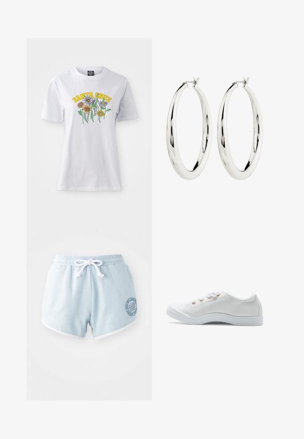 Hvid bomulds T-shirt med et farverigt blomsterdesign og teksten "SANTA CRUZ" i gul, rund halsudskæring, korte ærmer og en afslappet pasform.; Lyseblå shorts lavet af blødt stof med en hvid snor, der har hvid kant og et rundt logo patch på siden.; Hvide sneakers lavet af tekstureret materiale, med fem metalliske snøreringe, en rund tå og et glat, minimalistisk såldesign.; Sølv hoops øreringe med en glat, reflekterende overflade. Rund, stor form med en sikker lås øverst. Den polerede finish fremhæver glansen.