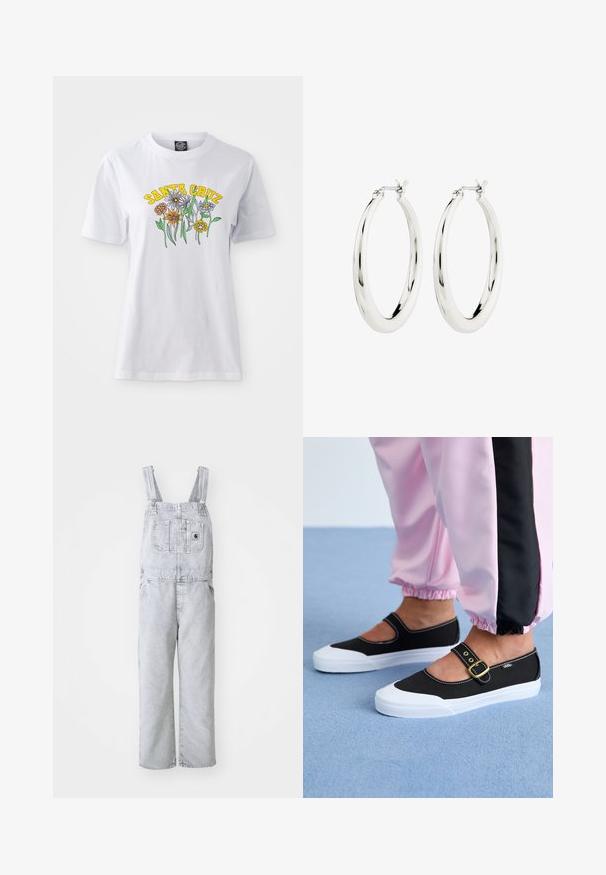Witte katoenen t-shirt met een kleurrijk bloemenontwerp en "SANTA CRUZ" tekst in het geel, ronde halslijn, korte mouwen en een relaxte pasvorm.; Grijze denim overall met verstelbare schouderbanden, een voorvak en zijvakken; losse, rechte pasvorm; vervaagde wassing met minimale textuur.; Zwarte canvas schoenen met een witte zool, met een uitgesneden ontwerp en een gouden gespband. Draagt met roze joggingsbroek.; Zilveren oorbellen in de vorm van een gladde, glanzende ring. Circulaire vorm, voorzien van een veilige sluiting. Eenvoudig en elegant ontwerp.