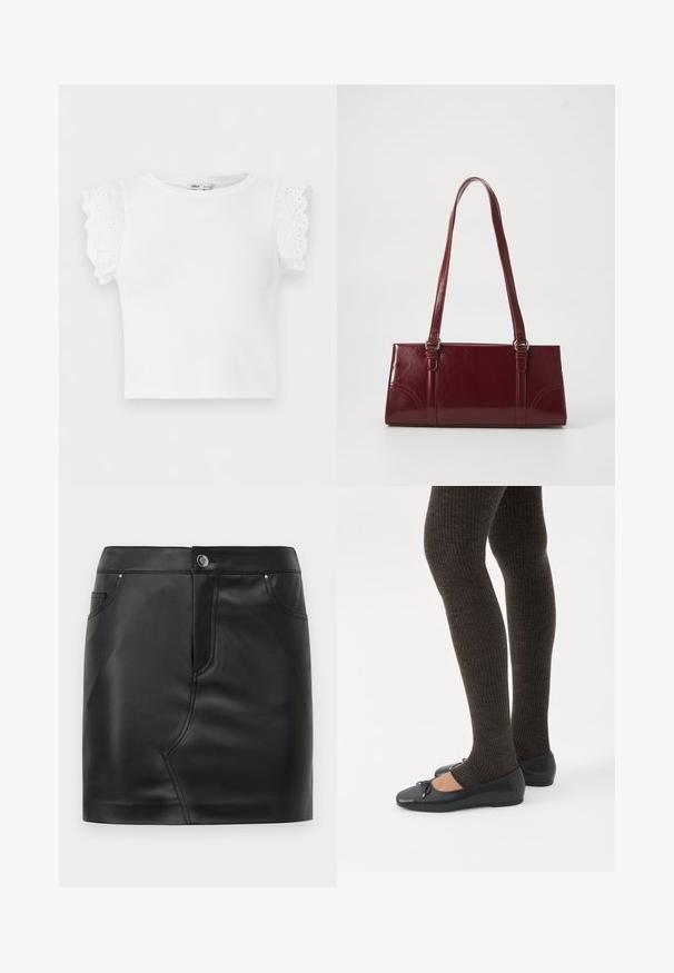 Haut en maille blanc à manches courtes avec encolure ronde et détails en dentelle ajourée à volants sur les manches.; Mini-jupe en simili cuir noir avec un bouton à l'avant, fermeture éclair, poches avant et arrière, et détails de couture.; Jambes portant des leggings côtelés foncés associés à des ballerines noires avec de petits détails en nœud sur fond blanc.; Sac à main bordeaux en matériau brillant, de forme rectangulaire, avec deux anses et des accents légèrement courbés à l'avant.