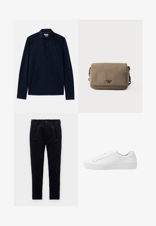 Michael Kors Langærmet T-shirt - navy; Mørkeblå bukser lavet af tekstureret stof, med knaplukning, folder og elastisk talje for komfort. Lige ben design.; Hvide lædersneakers med en glat overflade, afrundet tå, flad snørebåndsdesign og en tyk gummisål med et struktureret grebmønster.; Rektangulær taupe crossbody-taske med klaplukning og lille metal logoemblem centreret på forsiden mod en hvid baggrund.