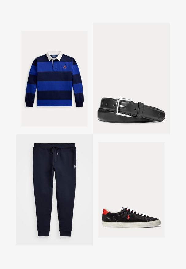 Rugbyshirt met lange mouwen met brede horizontale strepen in marineblauw en koningsblauw, witte kraag en klein Polo vlaglogo op de borst.; Marineblauwe sweatpants met een trekkoord in de taille, elastische boorden en een klein wit logo op de bovenste linkerbeen. Zachte stofkwaliteit.; Zwarte suede sneakers met witte veters, rode accenten op de hak en een klein rood logo. Beschikt over een platte rubberen zool en eenvoudige stiksels.; Zwarte leren riem met zilverkleurige rechthoekige gesp, opgerold op een witte achtergrond, met een subtiel geperst logo aan de punt.