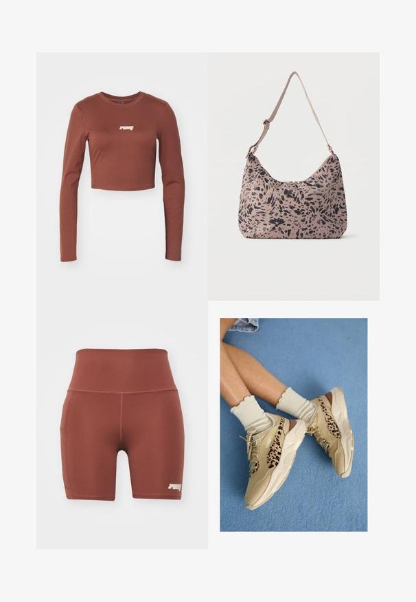 Brun langærmet crop top lavet af et strækbart materiale, med et hvidt "ruby" logo på forsiden. Glat tekstur og tætsiddende design.; Brune, tætsiddende atletiske shorts med høj talje, lavet af glat stof. Har en sidelomme og et lille logo i nederste højre hjørne.; Benen krydset iført beige Puma-sneakers med leopardstriber og flæset cremefarvede sokker på et blåt tæppebelagt gulv.; Lyserød skuldertaske med sort abstrakt pletmønster og justerbar strop, med lille gyldent Puma-logo foran i midten.