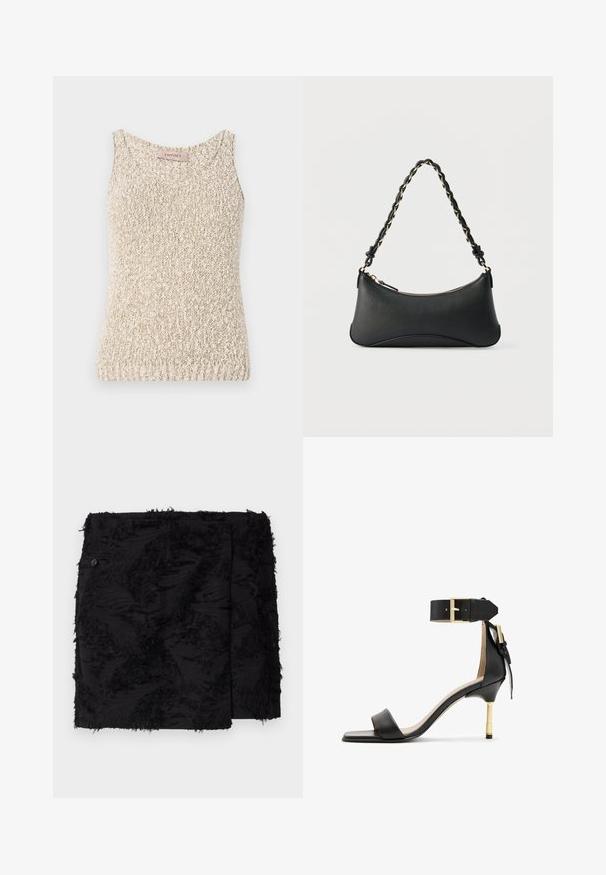 Beige strikket tanktop med rund halsudskæring, tekstureret stof og ærmeløst design. Har et mærke ved halsen med brandnavnet "TwinsSet."; Sort nederdel med tekstureret stof, der har frynsede detaljer. Firkantet form, over knæ længde og en sideknap detalje.; Sort læder hæl sandal med firkantet tå, ankelrem med en guldbuckle og en slank metallisk hæl. Glat tekstur, minimalistisk design.; Sort skuldertaske i læder med en buet rektangulær form, gyldent kæde vævet ind i en flettet sort rem og toplynlås.