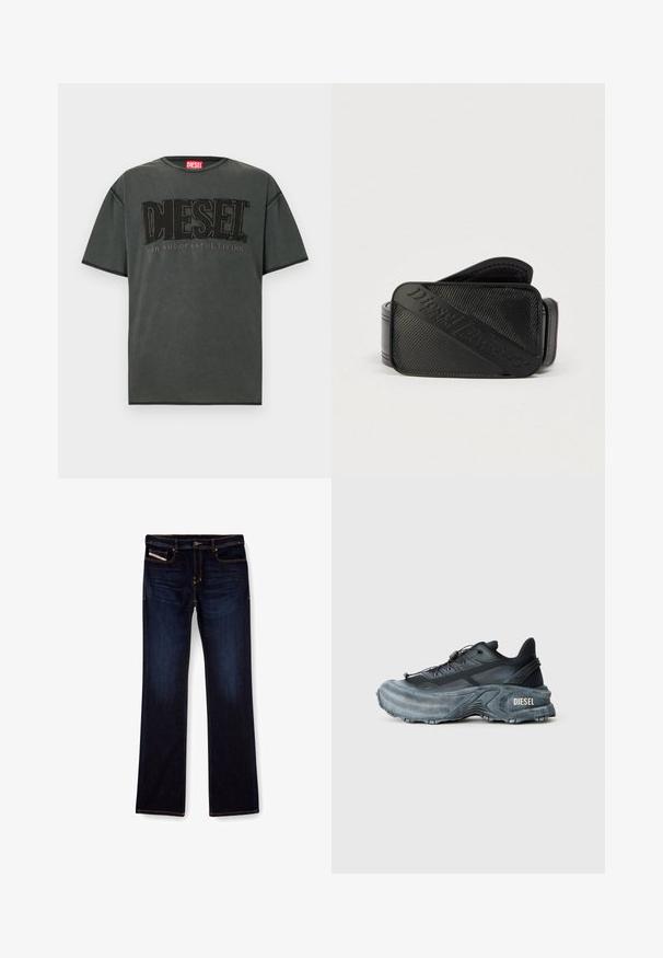 Dunkelgraues Kurzarm-T-Shirt aus Baumwolle. Verfügt über ein großes schwarzes DIESEL-Logo und den Schriftzug "FOR SUCCESSFUL LIVING" in kontrastierendem Design.; Dunkelblaue Jeans aus Denim mit geradem Bein, ausgestattet mit orangefarbenen Nähten, einem Reißverschluss und Vordertaschen. Glatte Textur und Standardbund.; Schwarz- und graue Diesel-Sneaker mit dicker Sohle, Schnürverschluss und strukturiertem Design auf einem schlichten hellgrauen Hintergrund.; Schwarzer Gürtel mit strukturiertem Design und einem markanten, eingeprägten Logo. Das Material wirkt glatt mit einem lederähnlichen Finish.