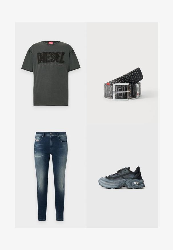Dunkelgraues Kurzarm-T-Shirt aus Baumwolle. Verfügt über ein großes schwarzes DIESEL-Logo und den Schriftzug "FOR SUCCESSFUL LIVING" in kontrastierendem Design.; Dunkelblaue Denim-Jeans mit Slim-Fit, ausgestattet mit einem ausgewaschenen Look, leichten Abschürfungen und klassischem Fünf-Taschen-Design.; Schwarz- und graue Diesel-Sneaker mit dicker Sohle, Schnürverschluss und strukturiertem Design auf einem schlichten hellgrauen Hintergrund.; Schwarzer Diesel-Gürtel mit großem weißen Logotext, rechteckiger silberner Schnalle und gebrandetem Metallschlaufen-Detail, aufgewickelt auf hellem Hintergrund.