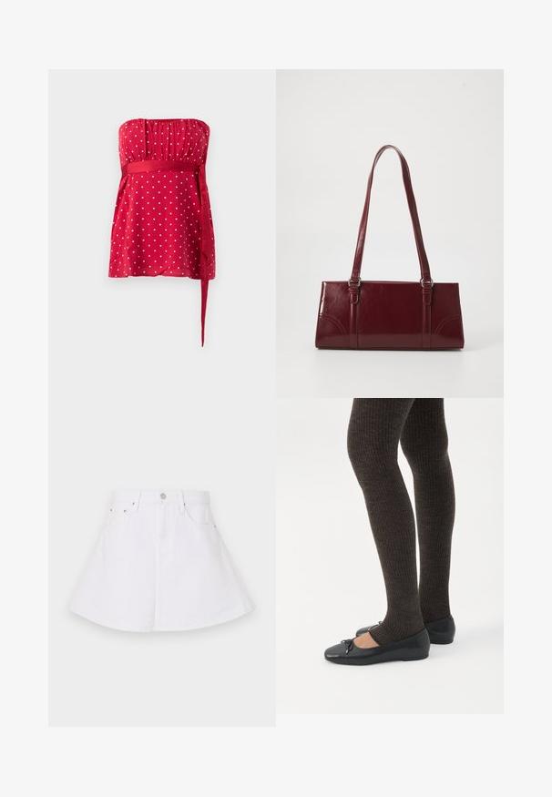 Haut rouge sans bretelles orné de pois blancs, avec un corsage froncé et une ceinture nouée qui serre la taille. Tissu lisse avec une coupe fluide.; Jupe en denim blanc au design évasé, avec une taille ajustée, cinq poches et une fermeture à bouton à l'avant. Texture lisse.; Jambes portant des leggings côtelés foncés associés à des ballerines noires avec de petits détails en nœud sur fond blanc.; Sac à main bordeaux en matériau brillant, de forme rectangulaire, avec deux anses et des accents légèrement courbés à l'avant.
