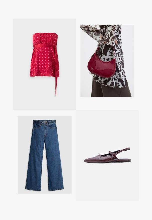 Rød stropløs top med hvide polkaprikker, rynket liv og et bundet bånd, der snøres ind i taljen. Glat stof med et flydende design.; Bredde ben blå denim jeans med høj talje, der har et klassisk fem-lomme design og en tekstureret taljebånd.; Bourgognefarvet læder flad slingback-sko med spids tå og tynd rem over vristen mod ensfarvet baggrund.; Kvinde iført en sort- og hvidmønstret bluse, der holder en blank rød skuldertaske mod en ensfarvet baggrund.