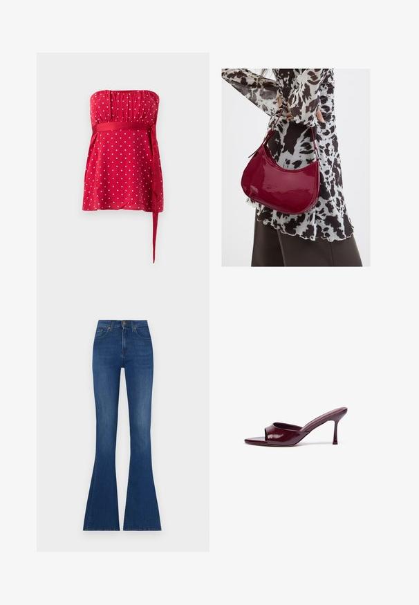 Haut rouge sans bretelles orné de pois blancs, avec un corsage froncé et une ceinture nouée qui serre la taille. Tissu lisse avec une coupe fluide.; Jean flare en denim bleu foncé, taille haute avec un haut ajusté et des bas évasés larges, comportant un léger effet délavé et une couture classique.; Sandales à glissière ouvertes en cuir verni bourgogne avec une forme courbée et un talon aiguille fin. Texture lisse avec un minimum de détails.; Femme portant un chemisier à motif noir et blanc tenant un sac à main rouge brillant sur un fond uni.