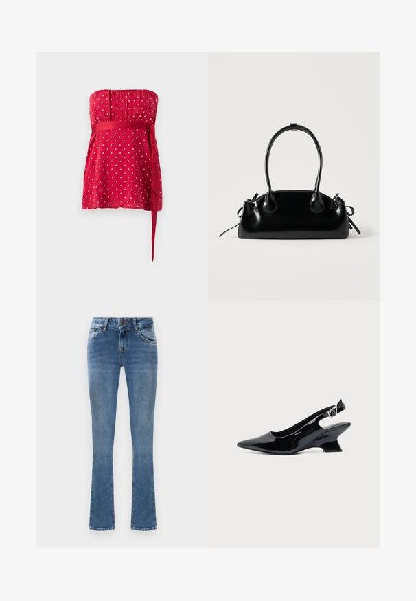 Haut rouge sans bretelles orné de pois blancs, avec un corsage froncé et une ceinture nouée qui serre la taille. Tissu lisse avec une coupe fluide.; Jean flare en denim bleu clair avec cinq poches, une fermeture à bouton et des détails de couture jaunes. Le tissu a une texture lisse.; Chaussure slingback en cuir verni noir avec bout pointu et petit talon bloc incliné sur fond clair uni.; Petit sac à main noir brillant avec deux longues anses et des détails à cordon sur les côtés sur un fond clair uni.