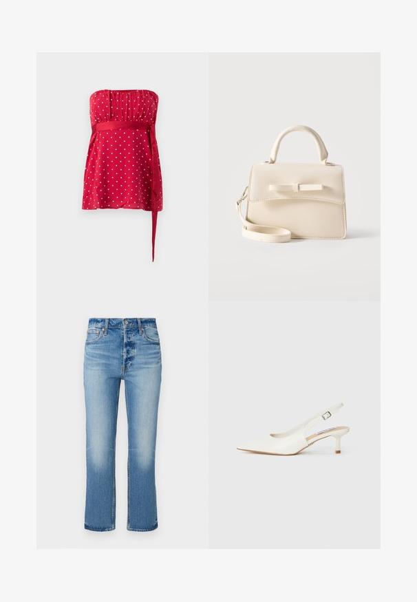 Haut rouge sans bretelles orné de pois blancs, avec un corsage froncé et une ceinture nouée qui serre la taille. Tissu lisse avec une coupe fluide.; Jean en denim bleu clair avec une coupe droite, présentant un délavage près des cuisses, une fermeture à bouton et un style classique à cinq poches.; Des escarpins blancs avec un talon ouvert, en cuir lisse. Dotés d'un talon fin et d'une sangle à boucle pour un maintien sécurisé.; Petit sac à main beige avec poignée supérieure, bandoulière amovible, rabat avant et nœud horizontal décoratif sur un fond uni.