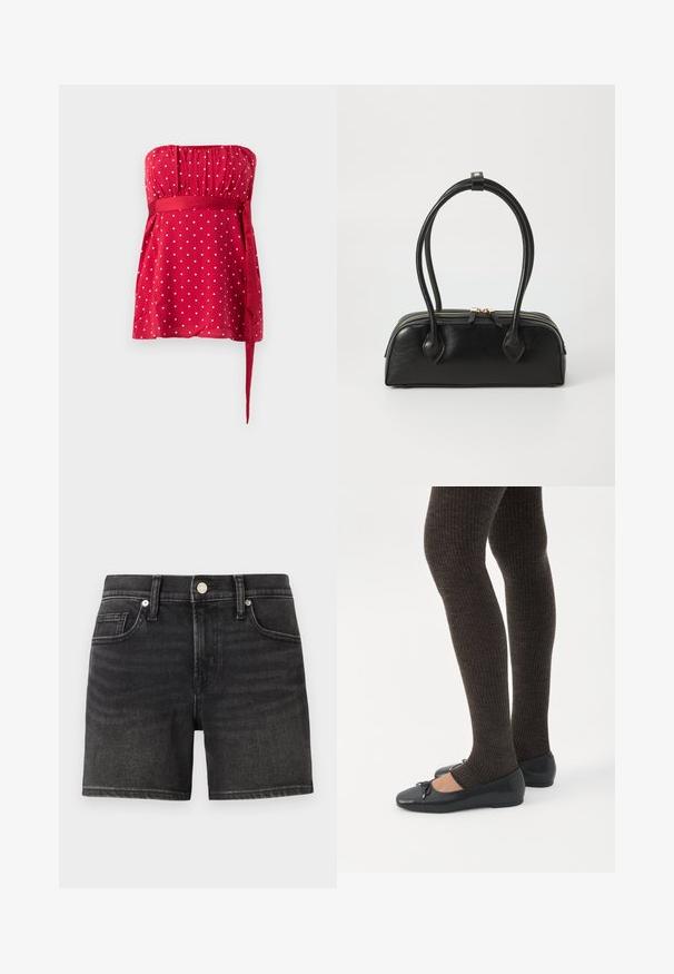 Rød stropløs top med hvide polkaprikker, rynket liv og et bundet bånd, der snøres ind i taljen. Glat stof med et flydende design.; Sorte denimshorts med et klassisk femlomme-design, der har en frontknaplukning og let falmning for tekstur.; Ben iført mørke ribbede leggings kombineret med sorte balletsko med små sløjfedetaljer på hvid baggrund.; Sort læder håndtaske med to langstrakte håndtag, lynlåslukning og afrundet form; glat tekstur med en subtil blank finish.