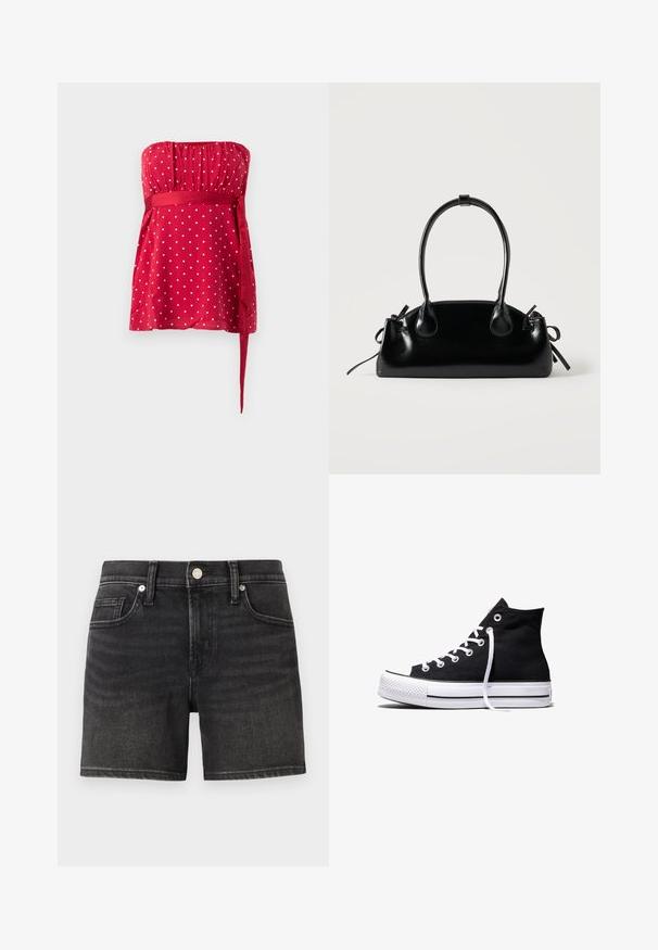 Rød stropløs top med hvide polkaprikker, rynket liv og et bundet bånd, der snøres ind i taljen. Glat stof med et flydende design.; Sorte denimshorts med et klassisk femlomme-design, der har en frontknaplukning og let falmning for tekstur.; Sort high-top canvas sneaker med hvid gummisål og hvide snørebånd, vist fra siden mod en hvid baggrund.; Lille sort blank håndtaske med to lange håndtag og snøre-detaljer i siden på en ensfarvet lys baggrund.