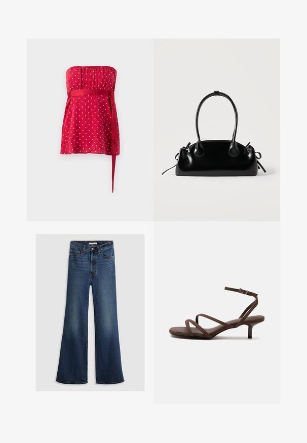 Rotes trägerloses Oberteil mit weißen Punkten, gerafftem Oberteil und gebundener Taillenschärpe. Glatter Stoff mit fließendem Design.; Weite Jeans aus dunkelblauem Denim mit hoher Taille, Fünf-Taschen-Design und kontrastierenden Nähten entlang der Nähte und des Bunds.; Braune Sandale mit hohem Absatz, dünnen gekreuzten Riemen und einem Knöchelriemen mit silberner Schnalle vor weißem Hintergrund.; Kleine schwarze glänzende Handtasche mit zwei langen Griffen und seitlichen Kordelzug-Details vor einfachem hellem Hintergrund.