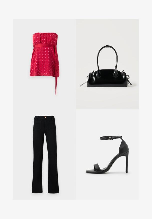 Haut rouge sans bretelles orné de pois blancs, avec un corsage froncé et une ceinture nouée qui serre la taille. Tissu lisse avec une coupe fluide.; Jean droit noir taille haute avec poches avant plaquées et fermeture à bouton en cuivre sur un fond neutre.; Sandale noire à talons hauts au design épuré, avec une bride au niveau de la cheville, un bout ouvert et une texture en cuir lisse.; Petit sac à main noir brillant avec deux longues anses et des détails à cordon sur les côtés sur un fond clair uni.