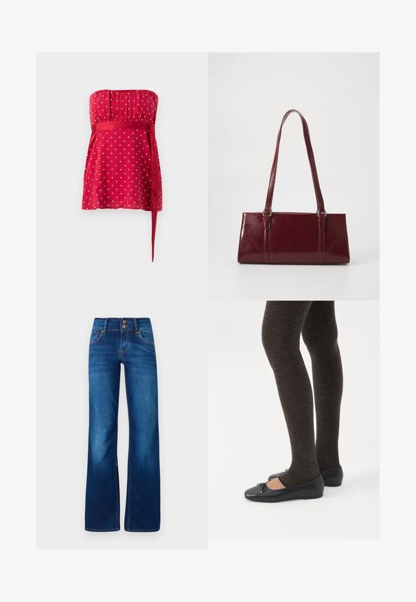 Červený top bez ramienok so vzorom bielych bodiek, nariaseným živôtikom a viazanou stuhou, ktorá obopína pás. Hladká tkanina s plynulým strihom.; Džínsy s širokými nohavicami v modrej farbe, vyrobené z denimu, s dvoma prednými gombíkmi, oranžovým prešívaním a hladkým povrchom. Klasický dizajn s piatimi vreckami.; Nohy v tmavých pásikavých legínach v kombinácii s čiernymi balerínkami s malými mašličkami na bielom pozadí.; Bordová kabelka vyrobená z lesklého materiálu, obdĺžnikový tvar, s dvoma ramennými popruhmi a jemnými zakrivenými akcentmi na prednej strane.