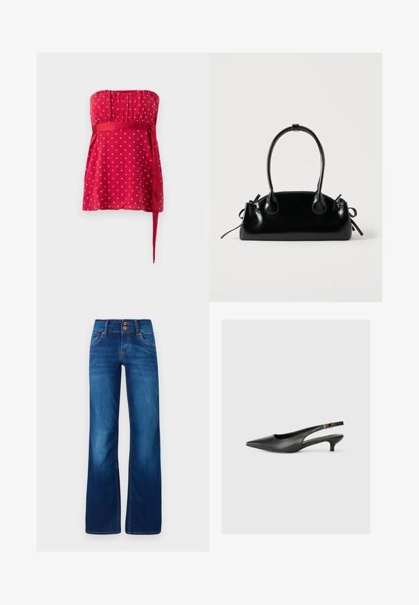 Top rojo sin tirantes con lunares blancos, corpiño fruncido y faja anudada que ajusta en la cintura. Tela suave con diseño fluido.; Jeans de pernera ancha en denim azul, con dos botones frontales, costuras naranjas y una textura suave. Diseño clásico de cinco bolsillos.; Zapato de tacón slingback negro de punta afilada, hecho de cuero suave. Presenta un tacón delgado y un detalle de hebilla en la correa ajustable.; Pequeño bolso negro brillante con dos asas largas y detalles de cordón lateral sobre un fondo claro liso.