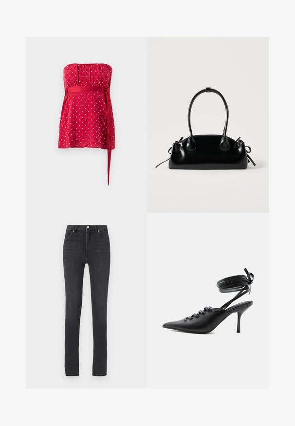 Rød stropløs top med hvide polkaprikker, rynket liv og et bundet bånd, der snøres ind i taljen. Glat stof med et flydende design.; Sorte skinny jeans med høj talje, lavet af stræk denim, med bæltestropper, minimal syning og et klassisk fem-lomme design.; Sort spids sko med høje hæle, snørelukning foran og omlægning omkring anklerne bundet med sløjfe, vist fra siden på hvid baggrund.; Lille sort blank håndtaske med to lange håndtag og snøre-detaljer i siden på en ensfarvet lys baggrund.