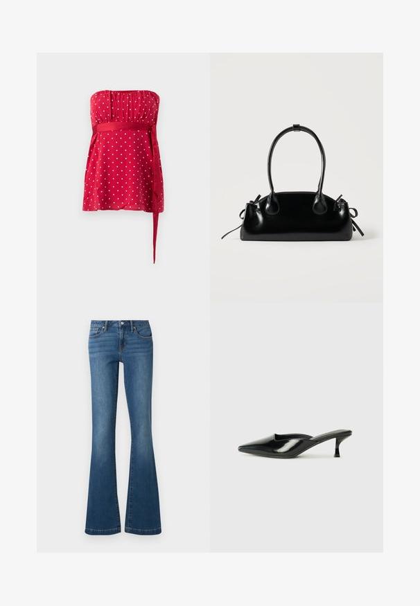 Haut rouge sans bretelles orné de pois blancs, avec un corsage froncé et une ceinture nouée qui serre la taille. Tissu lisse avec une coupe fluide.; Jean en denim bleu avec une taille haute, bouton et fermeture éclair à l'avant, style cinq poches, jambes évasées sur fond uni.; Mules en cuir verni noir avec un bout pointu, un petit talon et des côtés courbés, présentant une finition brillante et un design minimaliste.; Petit sac à main noir brillant avec deux longues anses et des détails à cordon sur les côtés sur un fond clair uni.