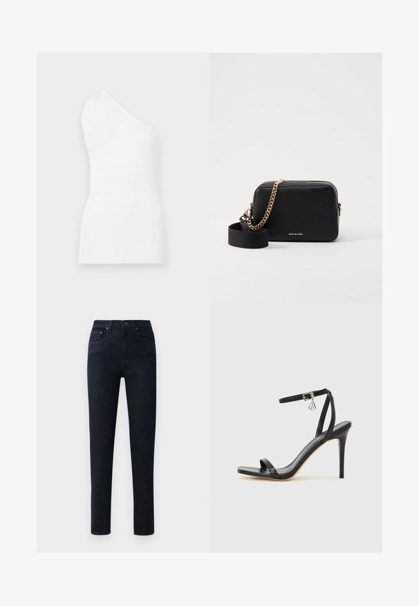 Hvid, ribbet tanktop med design med én skulder. Har en tætsiddende pasform og subtil tekstur, der understreger en minimalistisk stil.; Mørkeblå denim bukser med lige ben, featuring en knaplukning, fem lommer og subtile stikninger.; Sort hæl-sandal med smal ankrem, firkantet tå-boks, glat lædermateriale og metalspænde som pynt.; Sort læder crossbody taske med guldkæde detaljer, lynlåslukning og en aftagelig stofrem. Michael Kors logo på forsiden.