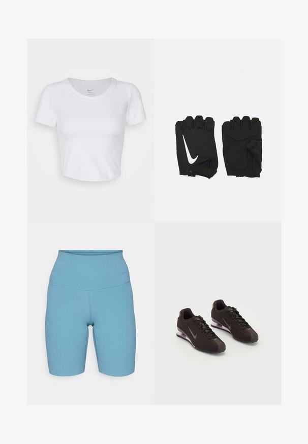 Weißes, kurzärmeliges Cropped-Top aus glattem, synthetischem Material. Hat einen runden Halsausschnitt und ein Nike-Logo im Kragen.; Hochtaillierte blaue Shorts aus dehnfähigem Material, mit flachen Nähten und glatter Oberfläche, entworfen für Komfort und Beweglichkeit.; Schwarze Sportschuhe mit einer strukturierten Oberseite, braunen Akzenten und einer lila luftgepolsterten Sohle. Schnürdesign mit auffälliger Markenkennzeichnung.; Schwarze fingerlose Fitnesshandschuhe aus atmungsaktivem Stoff, mit einem weißen Nike-Logo, gepolsterten Handflächen und einem offenen Handgelenkdesign für bessere Flexibilität.