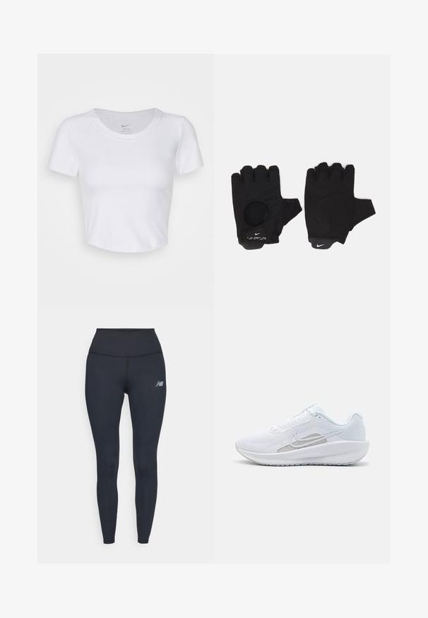 Witte, kortgemouwen crop top van glad, synthetisch materiaal. Heeft een ronde halslijn en het Nike-logo binnenin de kraag.; Zwarte hoge taille leggings van rekbaar materiaal, met een strak ontwerp en een klein reflecterend logo op de dij.; Witte sportieve schoen met een bovenwerk van mesh, ronde neus en een textuurzool. Beschikt over een zilveren Nike swoosh en een minimalistisch ontwerp.; Zwarte vingerloze handschoenen met een gestructureerd ontwerp. Gemaakt van een ademend materiaal, met een duimopening en versterkte palm voor grip.