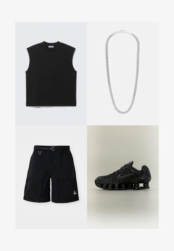 Top negro sin mangas con cuello redondo, hombros estructurados y etiqueta "WEEKDAY" dentro del cuello sobre un fondo claro.; Bermudas de cargo negras con cinturilla elástica, cinturón integrado, grandes bolsillos laterales y logo ACG en triángulo en la pierna derecha.; Zapatilla de correr negra Nike con suela segmentada similar a un muelle, parte superior de malla y logotipo swoosh negro a juego en el lateral.; Collar de cadena de metal plateado que presenta eslabones entrelazados, una textura suave y un cierre ajustable para personalizar la longitud.