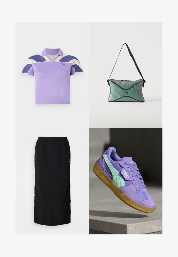 Lilla polo skjorte med krave, der har store cremefarvede og marineblå striber på skuldrene. Blødt, struktureret stof med et uformelt design.; Sort atletisk nederdel med elastisk talje, der har sideskaller for nem bevægelse og minimal mærkning på højre side.; Lilla ruskind og mesh sneakers med mintfarvede accenter, snørelukning og en struktureret gummisål. Med PUMA branding på siden.; Lille grøn iriserende skuldertaske med sort kant, sort justerbar rem, lynlås og Puma-logo på forsiden i midten.