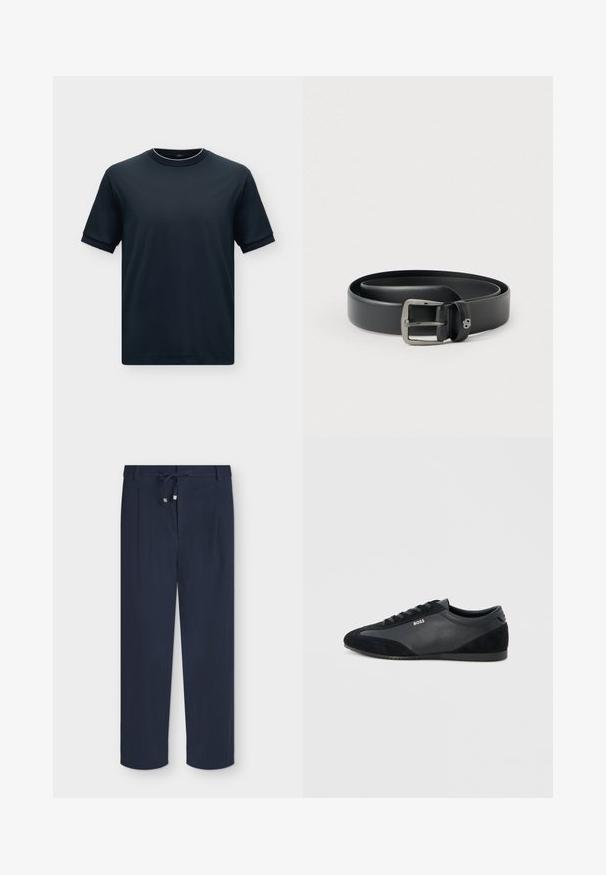 T-shirt noir uni à manches courtes avec col rond côtelé et bord-côtes aux manches sur fond blanc.; Pantalon bleu marine à jambes droites avec taille à cordon et tissu texturé, posé à plat sur un fond clair.; Baskets basses noires à lacets avec panneaux en cuir et suède, semelle plate et logo BOSS sur le côté.; Ceinture en cuir noir avec une boucle en métal argenté brillante, texture lisse et bords cousus. Dispose d'une boucle pour fixer l'extrémité de la ceinture.