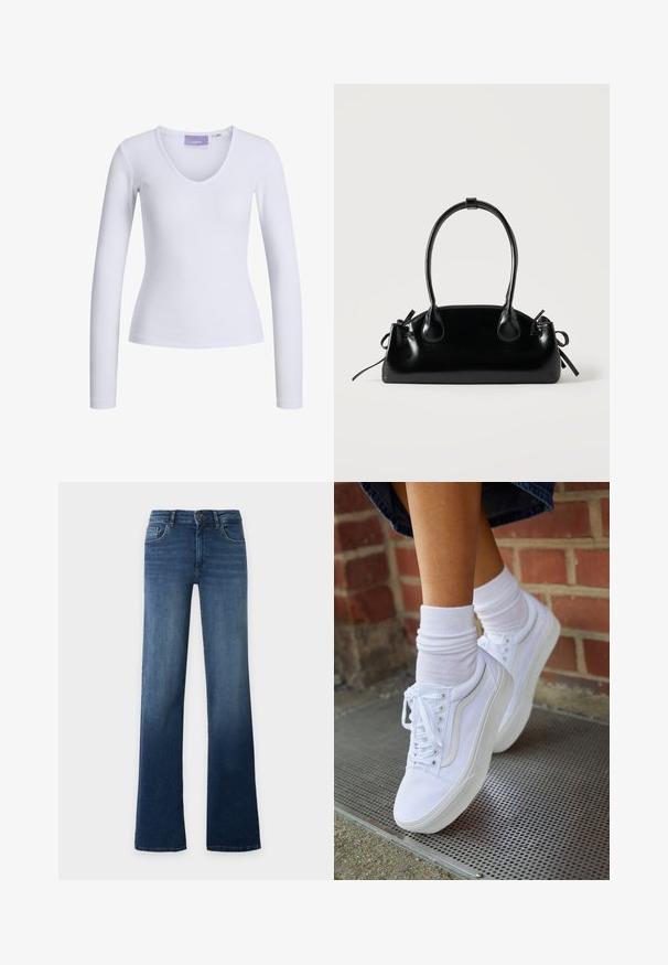 Weißes Langarmoberteil mit geripptem Textur und V-Ausschnitt. Etikett im Halsbereich sichtbar mit der Markenbezeichnung "JJXX."; Blaue High-Waist-Jeans mit geradem Bein, Knopf- und Reißverschluss, Vorder- und Gesäßtaschen, auf schlichtem, hellem Hintergrund dargestellt.; Weiße Leinensneaker mit Gummisohlen, ausgestattet mit sechs Ösen, runder Zehenpartie und dezenten Nähten, kombiniert mit weißen Knöchelsocken.; Kleine schwarze glänzende Handtasche mit zwei langen Griffen und seitlichen Kordelzug-Details vor einfachem hellem Hintergrund.