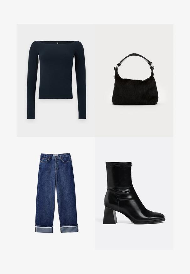 Marineblå langærmet tætsiddende bluse med en bred firkantet halsudskæring uden synlige mønstre eller logoer.; Bredde denimjeans i mørkeblå, med et klassisk fem-lomme design, syet kant og opbrettede manchetter for ekstra tekstur.; Sort læder ankelstøvle med firkantet blokhæl og rundet tå, sideblik på ensartet lys baggrund.; Sort faux fur håndtaske med en blød tekstur, rund form og en robust skulderrem i sort læder. Synlige sølvhardware-detaljer.