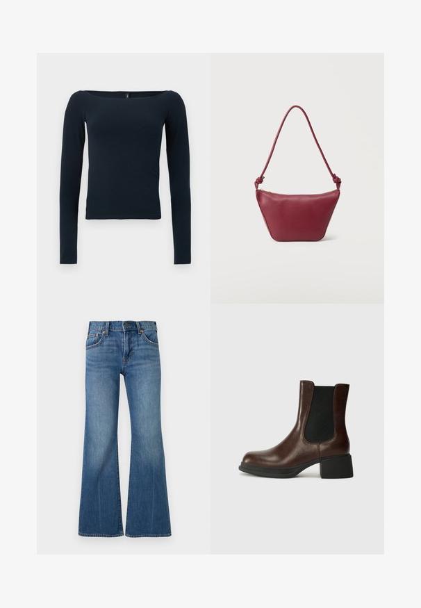 Marineblå langærmet tætsiddende bluse med en bred firkantet halsudskæring uden synlige mønstre eller logoer.; Blå denim jeans med høj talje, klassisk fem-lomme design, metal knap og vidde ben med vidde.; Brune læder ankelstøvle med rund tå, elastisk sidepanel og en kraftig sort hæl. Glat tekstur med minimalistisk design.; Lille skuldertaske i bordeaux læder med knyttet rem og lynlåslukning øverst mod en ensartet lys baggrund.