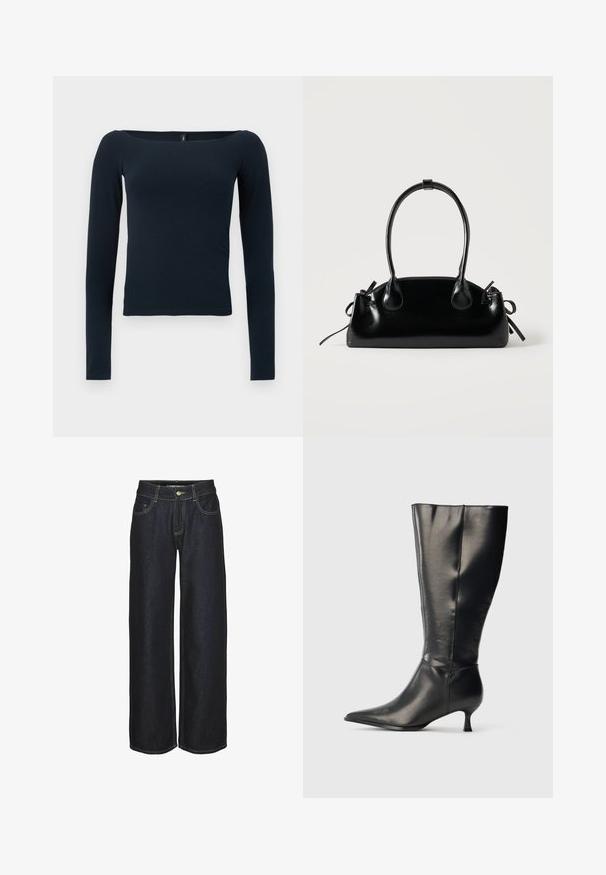 Navyblauwe, nauwsluitende top met lange mouwen, een brede vierkante halslijn en zonder zichtbare patronen of logo's.; Donkerblauwe rechte jeans met voorzakken, riemlussen en gele contrasterende stiksels, weergegeven op een witte achtergrond.; Zwarte leren kniehoge laars met puntige neus en lage kittenhak, weergegeven op een effen lichte achtergrond.; Kleine zwarte glanzende handtas met twee lange hengsels en zijkant trekkoord details op een effen lichte achtergrond.