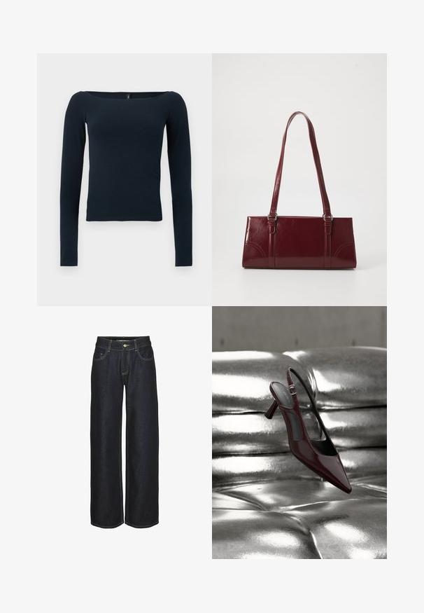 Marineblå langærmet tætsiddende bluse med en bred firkantet halsudskæring uden synlige mønstre eller logoer.; Mørkeblå lige ben jeans med frontlommer, bæltestropper og gule kontrastsyninger, vist på en hvid baggrund.; Blank mørkerød slingback højhælet sko med spids tå, vist på en skinnende sølvfarvet polstret læderoverflade.; Bordeaux håndtaske lavet af glansfuldt materiale, rektangulær form, med to skulderremme og subtile buede detaljer på forsiden.