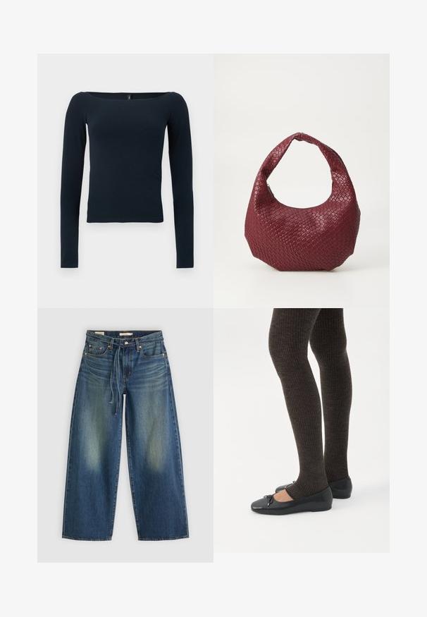 Navyblauwe, nauwsluitende top met lange mouwen, een brede vierkante halslijn en zonder zichtbare patronen of logo's.; Denim wide-leg jeans in donkerblauw met een vervaagd ontwerp, voorzien van een trekkoord in de taille en vijf zakken.; Benen met donkere geribbelde leggings gecombineerd met zwarte ballerina's met kleine strikdetails op een witte achtergrond.; Geweven bordeaux handtas met een afgeronde silhouet, een enkele handgreep en een gestructureerde afwerking. Ritssluiting aan de bovenkant.