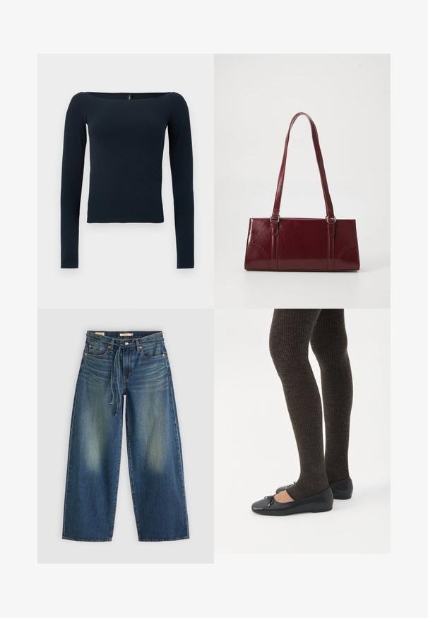 Marineblaues, langärmliges, figurbetontes Oberteil mit weitem, quadratischem Ausschnitt ohne sichtbare Muster oder Logos.; Dunkelblaue Denim-Hosen im weit geschnittenen Stil mit einem verwaschenen Design, ausgestattet mit einem Kordelzug am Bund und fünf Taschen.; Beine in dunklen, gerippten Leggings kombiniert mit schwarzen Ballerinas mit kleinen Schleifendetails auf weißem Hintergrund.; Burgunderfarbene Handtasche aus glänzendem Material, rechteckige Form, mit zwei Schulterriemen und subtilen, geschwungenen Akzenten an der Vorderseite.